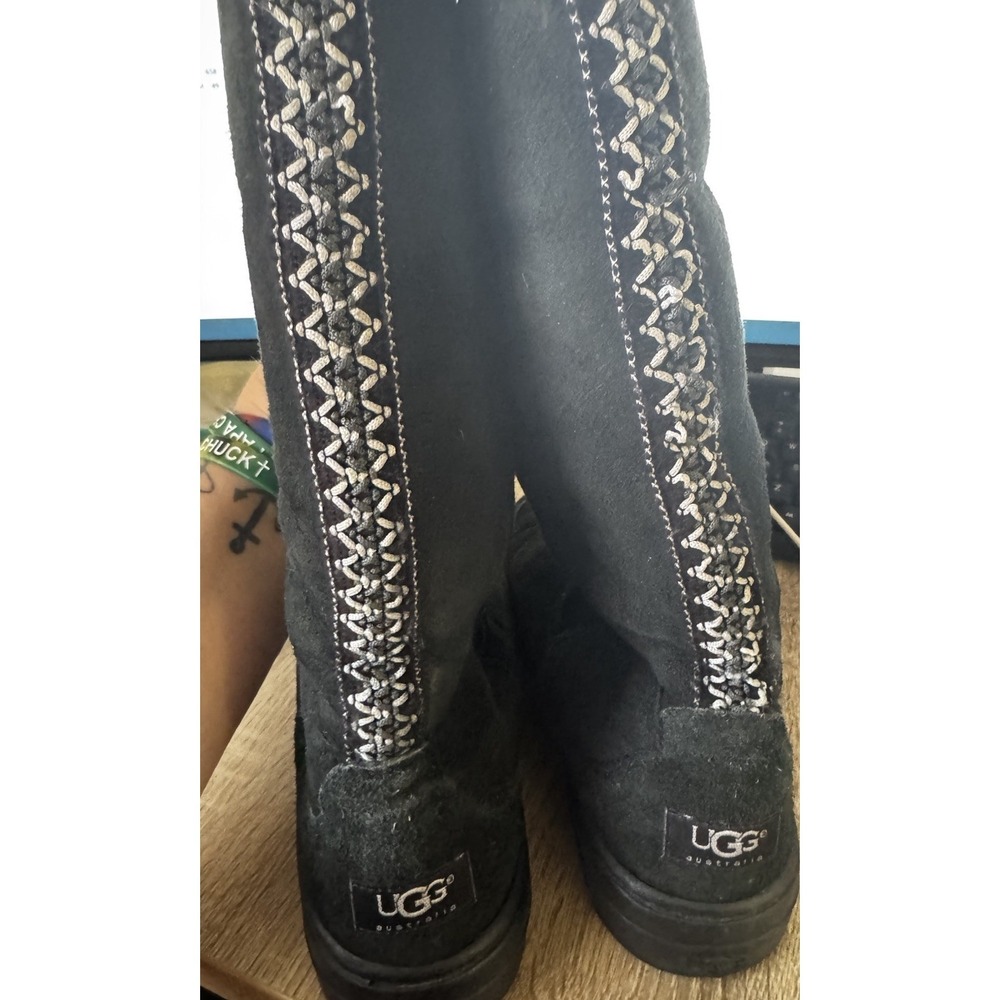 Ugg Revival Tasman Black Tall Boots Size 10 EUC Fold Down Aztec Stitch SB16